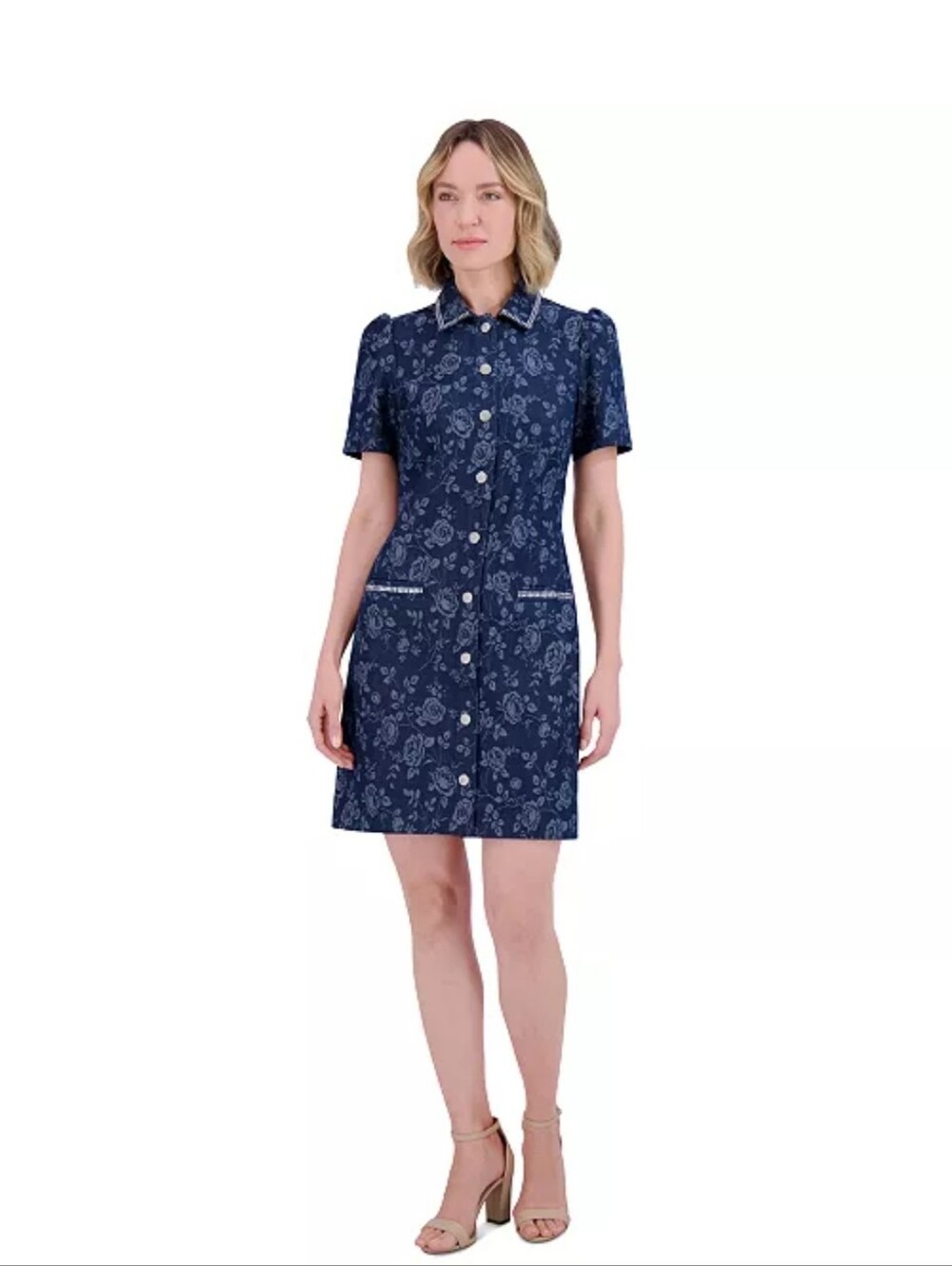 Eliza J NWT Denim Floral Rhinestone Snap Button Shirt Dress 14W $168